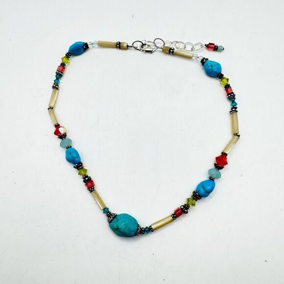 Turquoise Chunk Faceted Colorful Glass Sterling Silver Beaded Necklace Bohemian - Picture 4 of 11